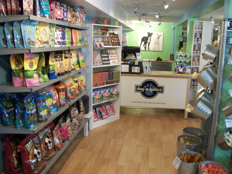 View of Dog-a-holics front counter and products on shelves and in buckets